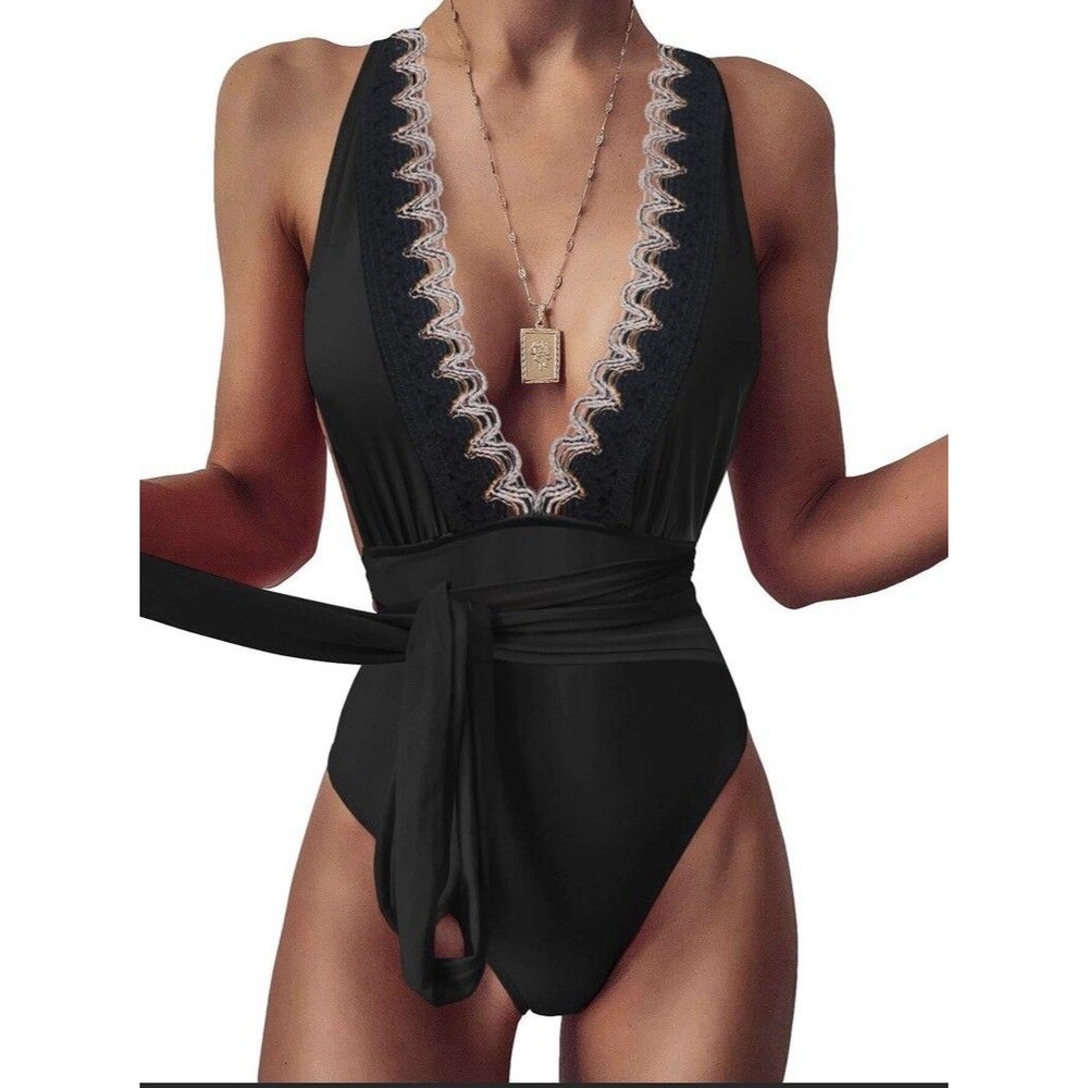 Lilosy Criss Cross Plunge Thong One Piece Swimsuit High Cut Brazilian